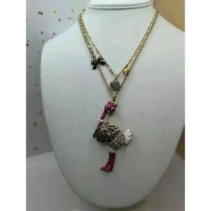 Betsey Johnson Double Chain Necklace Ostrich Pendant Bow Charm Gemstone